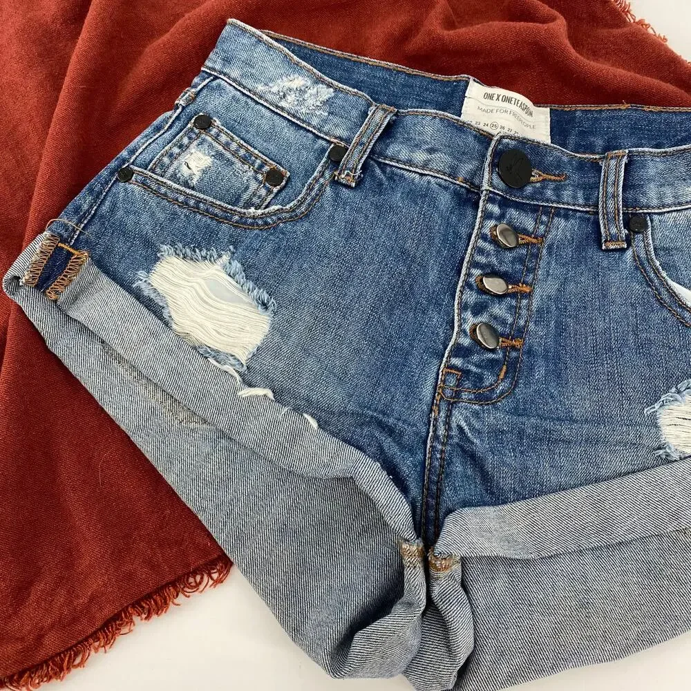 One Teaspoon Button Rolled Hem Distressed Shorts